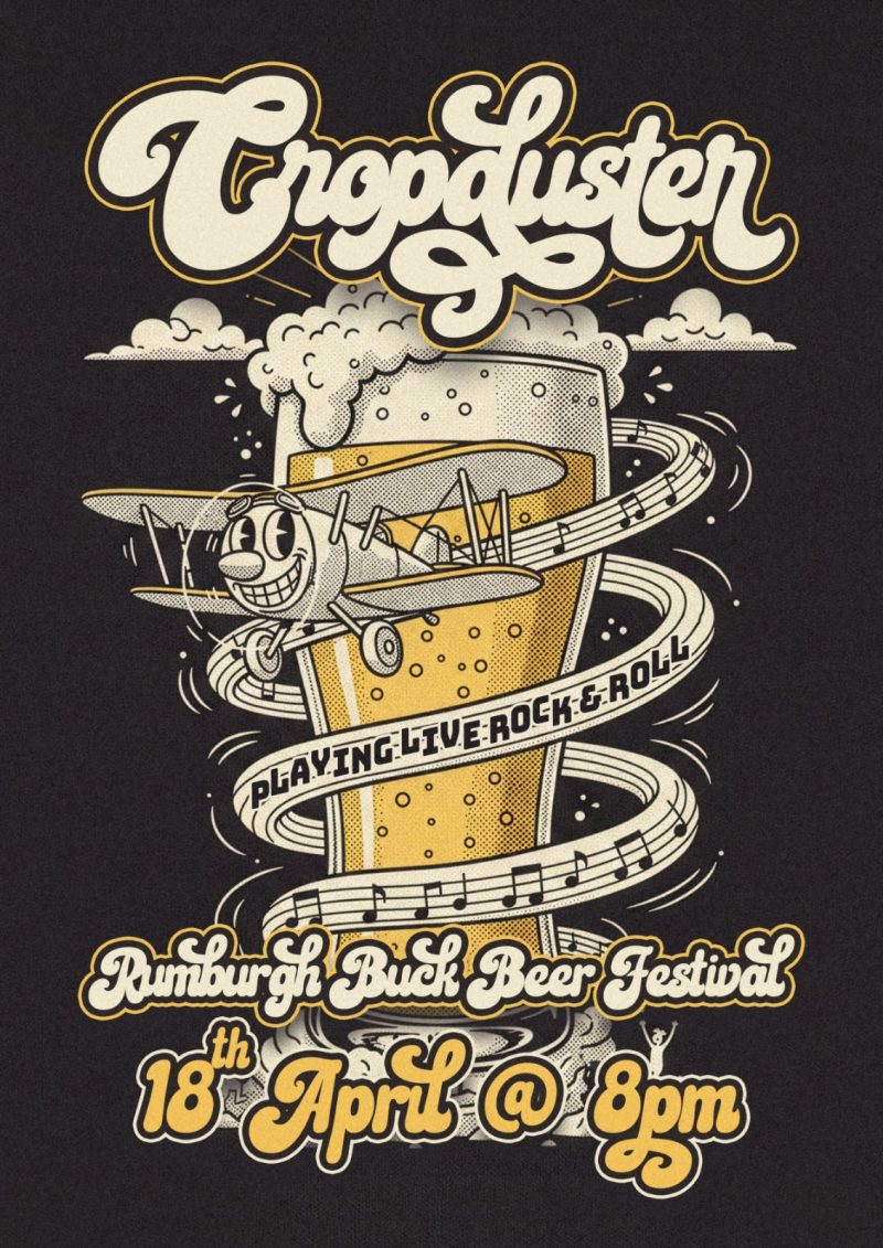 A rubberhose biplane flying around a giant pint glass overflowing with lager suds, rock and roll music notes are captured in the spiral